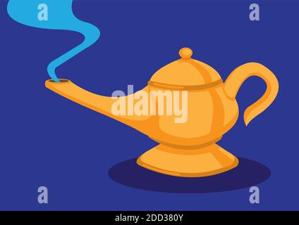 Vector cartoon illustration of a teapot like golden magical lamp with blue smoke emission from its spout isolated on blue background. Stock Vector