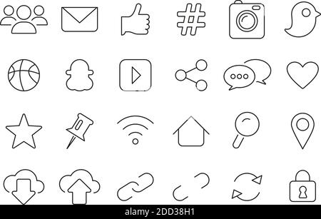 Social Media Icons Black & White Thin Line Set Big Stock Vector