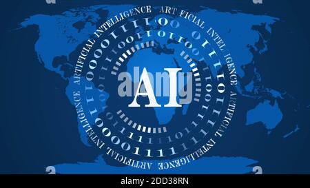 AI - abstract Artificial Intelligence background - circles of binary code with letters in center on blue world map - cyber technology and automation Stock Photo