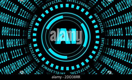 AI - abstract Artificial Intelligence background - binary code arranged in cylinder shape with lettering around and central of HUD elements Stock Photo
