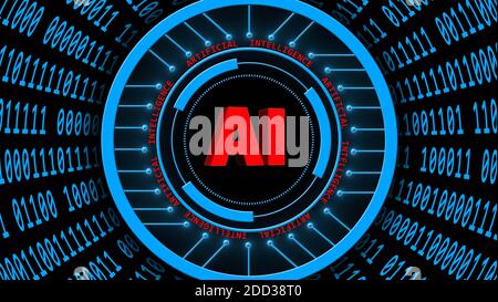 AI - abstract Artificial Intelligence background in blue - binary code arranged in cylinder shape with red lettering - technology and automation Stock Photo