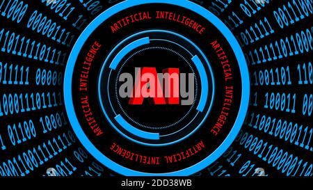 AI - abstract Artificial Intelligence background in blue - binary code arranged in cylinder shape with red lettering  - technology and automation Stock Photo