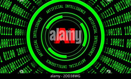 AI - abstract Artificial Intelligence background in green - binary code arranged in cylinder shape with lettering  - technology and automation Stock Photo
