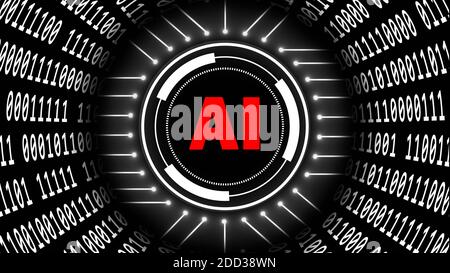 AI - abstract Artificial Intelligence background - binary code arranged in cylinder shape with red letters in center - cyber technology and automation Stock Photo