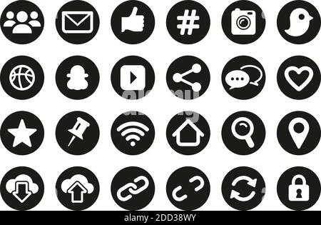 Social Media Icons White On Black Flat Design Circle Set Big Stock Vector
