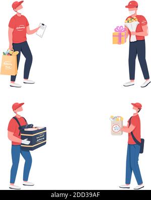 Delivery courier in mask flat color vector faceless character set Stock Vector