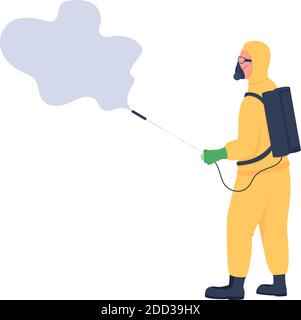 Disinfector with spray in protective uniform flat color vector faceless character Stock Vector