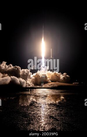 KENNEDY SPACE CENTER, FL, USA - 15 November 2020 - A SpaceX Falcon 9 rocket lifts off at 7:27 p.m. EST from Launch Complex 39A at NASA’s Kennedy Space Stock Photo