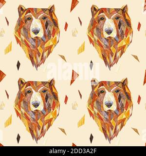Seamless pattern with hand drawing bear by color pencils. Bright light festive background for fabrics, wrapping paper and cards. Stock Photo
