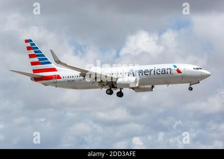 Miami, Florida - April 7, 2019: American Airlines Boeing 737-800 airplane at Miami Airport in Florida. Boeing is an American aircraft manufacturer hea Stock Photo