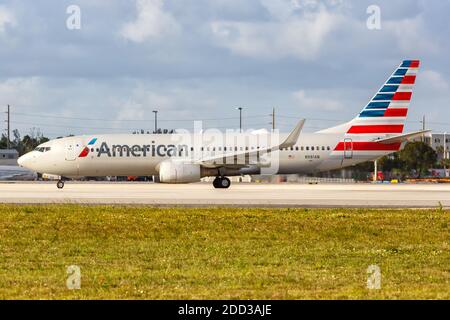 Miami, Florida - April 6, 2019: American Airlines Boeing 737-800 airplane at Miami Airport in Florida. Boeing is an American aircraft manufacturer hea Stock Photo
