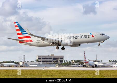 Miami, Florida - April 6, 2019: American Airlines Boeing 737-800 airplane at Miami Airport in Florida. Boeing is an American aircraft manufacturer hea Stock Photo