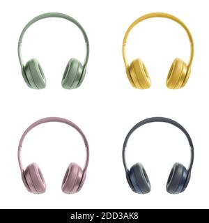 Green, yellow, pink and blue wireless design headphones on an isolated white background, fashion item, trendy fresh colors, technology, product photo, Stock Photo