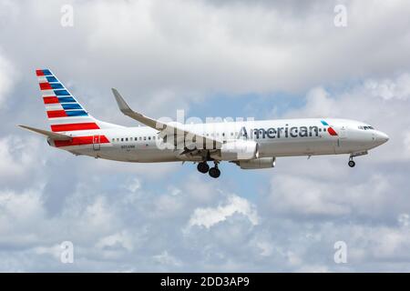 Miami, Florida - April 7, 2019: American Airlines Boeing 737-800 airplane at Miami Airport in Florida. Boeing is an American aircraft manufacturer hea Stock Photo