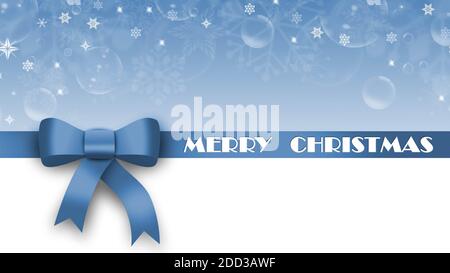 Greeting card with christmas decorations in blue design - MERRY CHRISTMAS lettering on ribbon with bow - free place for your text or signature Stock Photo