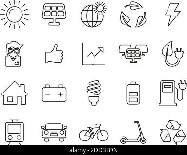 Solar Energy Or Renewable Energy Icons Black & White Thin Line Set Big Stock Vector