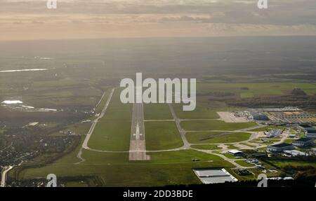 An aerial photograph of Doncaster Robin Hood airport, south Yorkshire, Northern England, UK. showing a pilots eye view Stock Photo