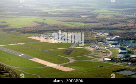 An aerial photograph of Doncaster Robin Hood airport, south Yorkshire, Northern England, UK. showing a pilots eye view Stock Photo