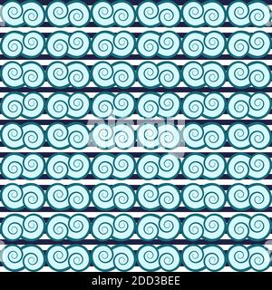 Blue waves striped, curl, spiral, swirl, abstract ornament seamless pattern, graphic nautical tracery, doodle drawing. For fabric design, wallpaper, w Stock Vector