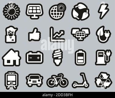 Solar Energy Or Renewable Energy Icons White On Black Sticker Set Big Stock Vector