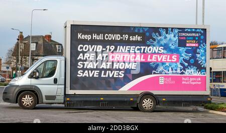 Coronavirus stay at home advert on the side of a van, Hull, humberside, East Yorkshire, northern England UK Stock Photo