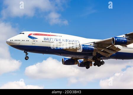 London, United Kingdom - August 1, 2018: British Airways Boeing 747-400 airplane at London Heathrow Airport in the United Kingdom. Stock Photo