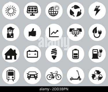 Solar Energy Or Renewable Energy Icons Black & White Flat Design Circle Set Big Stock Vector