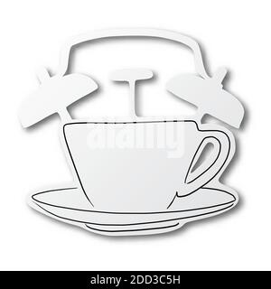black line hand drawn of coffee cup on alarm clock shape cut paper with shadow isolated on white background Stock Vector