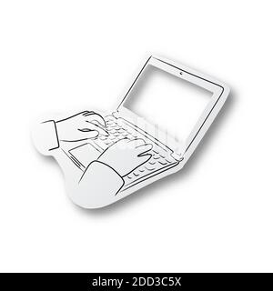 black line hand drawn of hand using laptop computer on cut paper with shadow isolated on white background Stock Vector