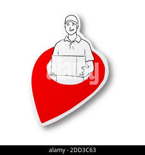 black line hand drawn of smiling delivery man holding box in red location icon on cut paper with shadow isolated on white background Stock Vector