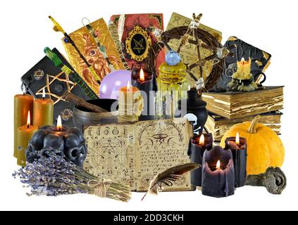 Design collage with group of magic ritual objects, witch book, candles isolated on white. Wicca, esoteric, divination and occult concept with vintage Stock Photo