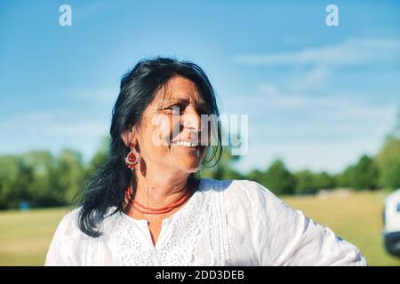 GREAT BRITAIN / England / Beautiful Romani woman at camp in  Ham Lands, Richmond , Greater London on 18 May 2020 . Stock Photo