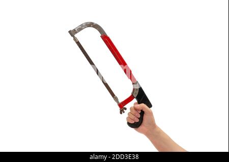 Hand of a gloved man holding a hacksaw. Isolated white background. Stock Photo
