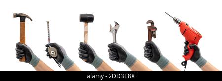 Collection of hands holding hand tools isolated white background. Diy concept. Hand tools concept. Stock Photo