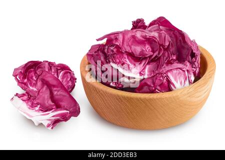 Fresh red radicchio salad in wooden bowl isolated on white background with clipping path and full depth of field Stock Photo