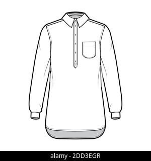 Shirt pullover technical fashion illustration with rounded pocket, long sleeves, relax fit, half placket button down, regular collar. Flat template front, white color. Women men top CAD mockup Stock Vector