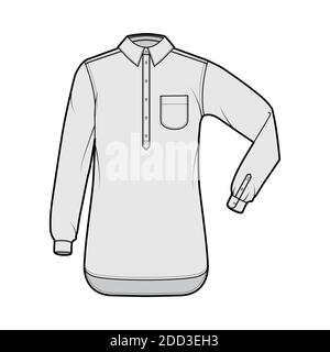 Shirt pullover technical fashion illustration with rounded pocket, elbow fold long sleeve, oversized, half placket button down. Flat template front, grey color. Women men top CAD mockup Stock Vector