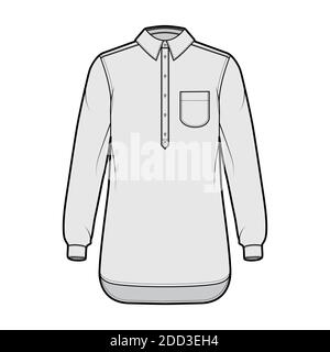 Shirt pullover technical fashion illustration with rounded pocket, long sleeves, relax fit, half placket button down, regular collar. Flat template front,, grey color. Women men top CAD mockup Stock Vector
