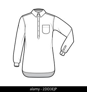 Shirt pullover technical fashion illustration with rounded pocket, elbow fold long sleeve, oversized, half placket button down. Flat template front, white color. Women men top CAD mockup Stock Vector