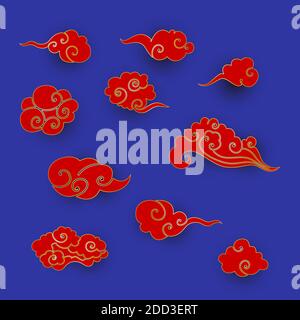Collection of red asian clouds. Set of paper cut cartoon clouds in traditional chinese style. Vector illustration for design elements for branding Stock Vector