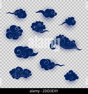 Collection of blue asian clouds. Set of paper cut cartoon clouds in traditional chinese style. Vector illustration for design elements for branding Stock Vector