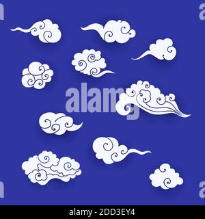 Collection of white asian clouds. Set of paper cut cartoon clouds in traditional chinese style. Vector illustration for design elements for branding Stock Vector
