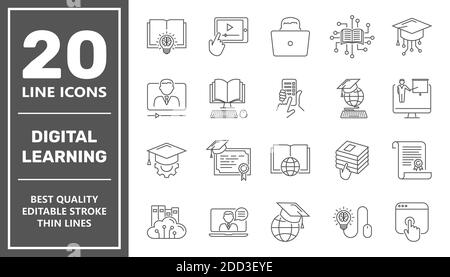 E-learning, online education elements - minimal thin line web icon set. Outline icons collection. Simple vector illustration. Editable Stroke. Stock Vector
