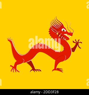 Asian red dragon in paper cut style on yellow background. Origami dragon for the year 2024. Traditional Chinese goroscop symbol. Vector card Stock Vector