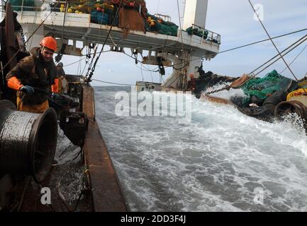 Deep-sea fishing in the Norwegian Sea on board the trawler “Grande Hermine” in 2011. La Grande Hermine, factory trawler operated by Compagnie des Pech Stock Photo