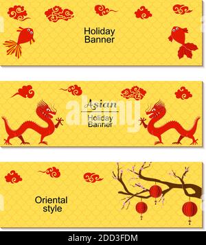 Chinese mid Autumn Festival or New Year design flyers. Set of three holiday banners with asian clouds,dragons, sakura branch and paper cut lanterns on Stock Vector