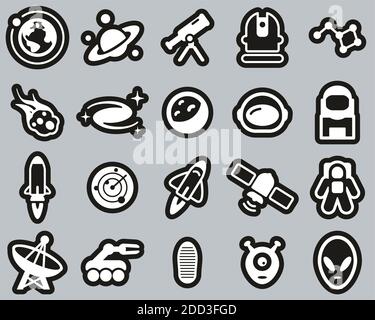 Space Or Space Mission Icons White On Black Sticker Set Big Stock Vector