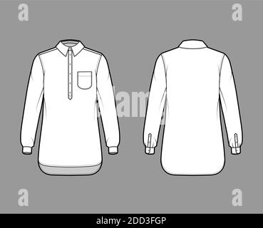 Shirt pullover technical fashion illustration with rounded pocket, long sleeves, relax fit, half placket button down, regular collar. Flat template front, back white color. Women men top CAD mockup Stock Vector
