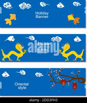 Chinese mid Autumn Festival or New Year design flyers. Set of three holiday banners with asian clouds,dragons, sakura branch and paper cut lanterns on Stock Vector