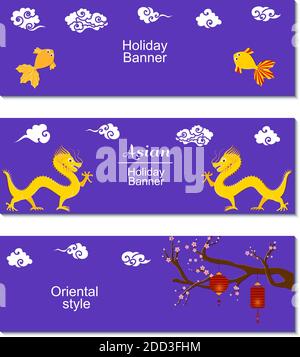 Chinese mid Autumn Festival or New Year design flyers. Set of three holiday banners with asian clouds,dragons, sakura branch and paper cut lanterns on Stock Vector